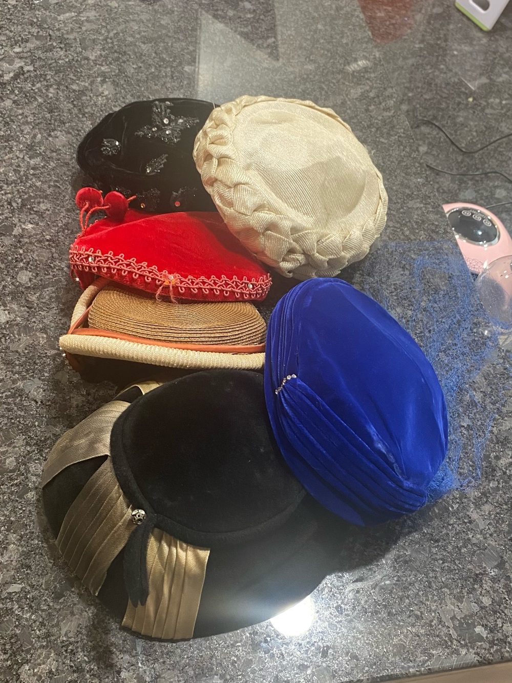 Assorted lot of 6 vintage 40’s Women's Hat- Blue, Red, Cream, Black, Tan